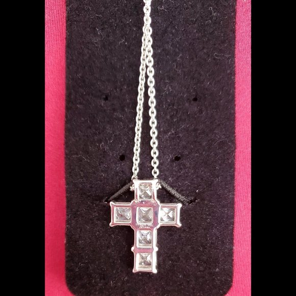 Princess Cut Square White Rhinestones Cross Pendant Necklace - Picture 5 of 9